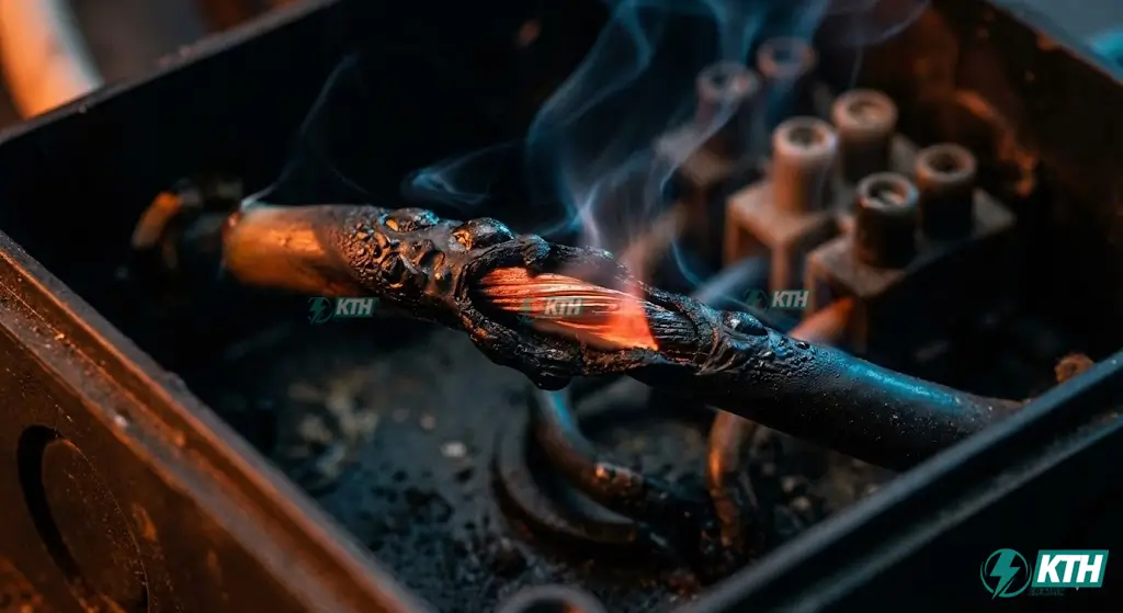 Dây điện bị cháy nổ lớp vỏ cách điện do sụt áp và quá tải nhiệt gây ra.