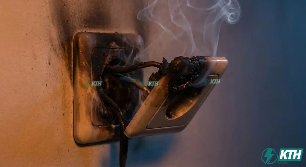 Hình ảnh ổ cắm điện bị cháy đen và nóng chảy nhựa do quá tải đường dây vì chọn tiết diện dây dẫn quá nhỏ so với công suất thiết bị.