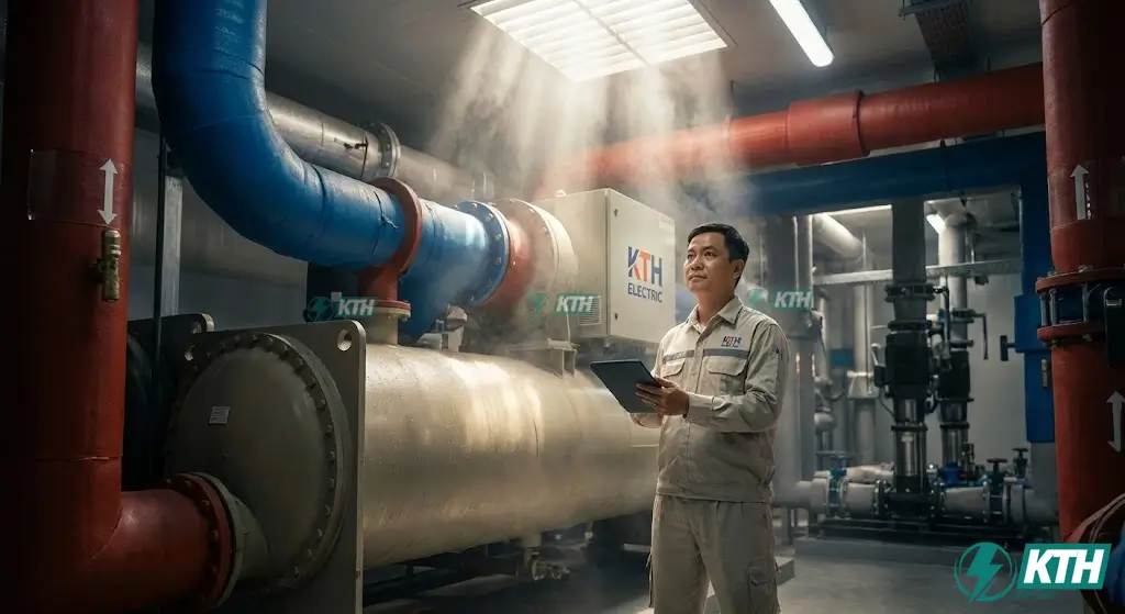 Tổng quan phòng máy Chiller trung tâm (Chiller Plant Room) với hệ thống đường ống và máy nén ly tâm được vận hành bởi kỹ sư KTH Electric.