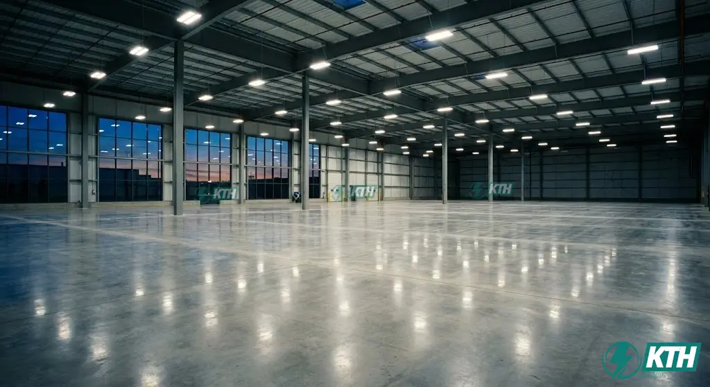 Hệ thống đèn LED Highbay nhà xưởng chiếu sáng hiệu suất cao, đảm bảo độ rọi tiêu chuẩn cho khu vực kho bãi.