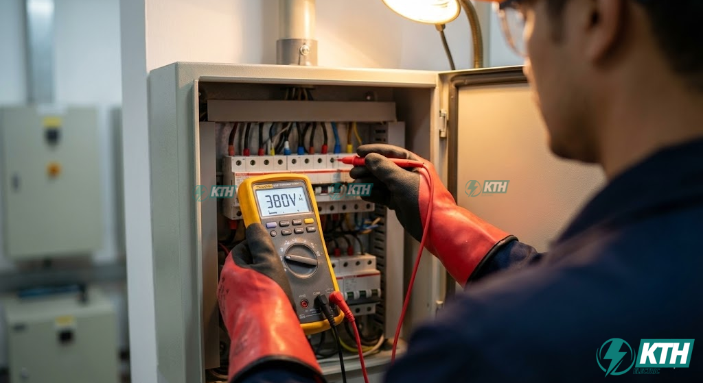 Thợ điện kiểm tra aptomat chống giật và hệ thống điện hạ thế gia đình an toàn.