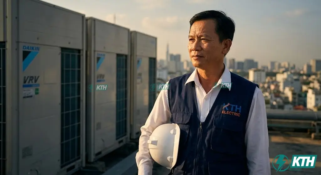 Kỹ sư trưởng KTH Electric khảo sát hệ thống điều hòa trung tâm VRV Daikin trên tầng mái tòa nhà cao tầng tại TP.HCM.
