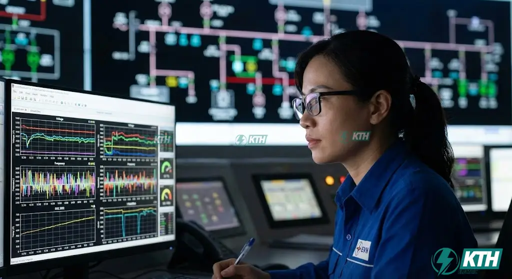 Kỹ sư giám sát biểu đồ nạp xả và quản lý năng lượng thông qua hệ thống EMS của trạm biến áp tích hợp BESS.