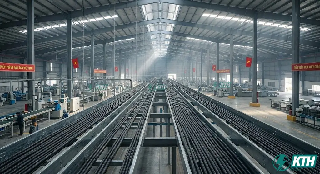 Bảng Tra Tiết Diện Dây Dẫn Điện 3 Pha Chuẩn TCVN & IEC (2026) 4 Hệ thống thang máng cáp điện công nghiệp kéo dài hàng trăm mét trong nhà xưởng lớn tại Việt Nam, minh họa yếu tố khoảng cách gây sụt áp trên đường dây.