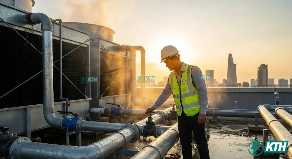 Tháp giải nhiệt (Cooling Tower) trên mái tòa nhà - thiết bị bắt buộc đi kèm với hệ thống Chiller giải nhiệt nước để làm mát gas nóng.