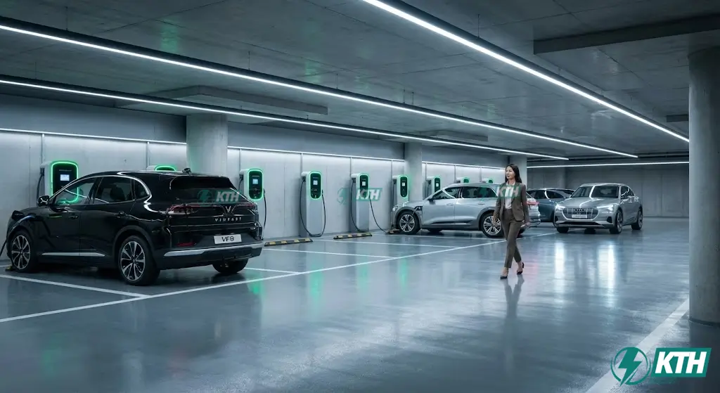 Hệ thống trạm sạc xe điện cho tòa nhà văn phòng và chung cư với giải pháp cân bằng tải Dynamic Load Management thông minh.