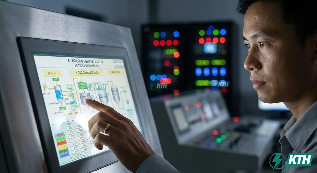 Màn hình điều khiển HMI và hệ thống PLC giúp tối ưu hóa quy trình và tiết kiệm điện năng trong nhà máy xay xát lúa gạo.