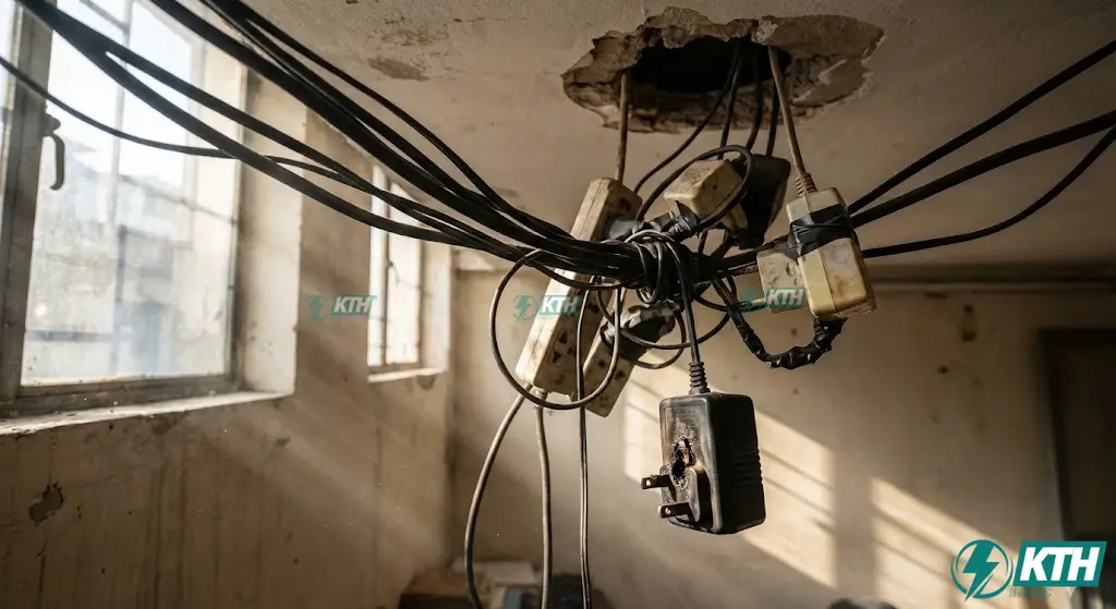 Hiện trạng dây điện chằng chịt và adapter nguồn rời 12V kém chất lượng gây nguy cơ cháy nổ trần thạch cao tại văn phòng Việt Nam - Vấn đề an toàn điện trong hệ thống camera giám sát.