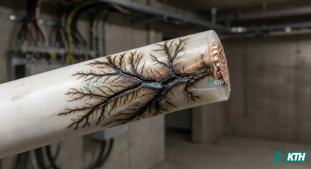 Cận cảnh vết nứt hình rễ cây (electrical treeing) màu đen cháy sém lan rộng trên nền vật liệu cách điện màu trắng do sự cố phóng điện cục bộ kéo dài.