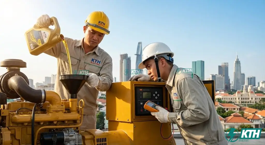 Hướng dẫn bảo dưỡng thay nhớt máy phát điện định kỳ và vận hành an toàn ngoài trời tránh ngạt khí CO.