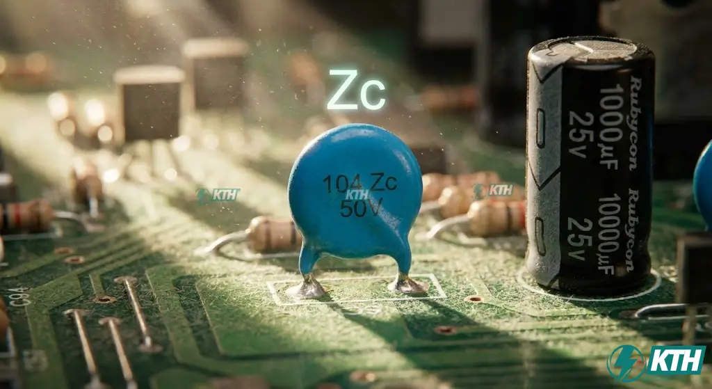 Dung Kháng Là Gì? Công Thức Tính & Ý Nghĩa Kỹ Thuật (Mới 2026) 2 Cận cảnh các loại tụ điện trên bo mạch điện tử minh họa cho khái niệm dung kháng ZC và khả năng tích trữ điện tích.