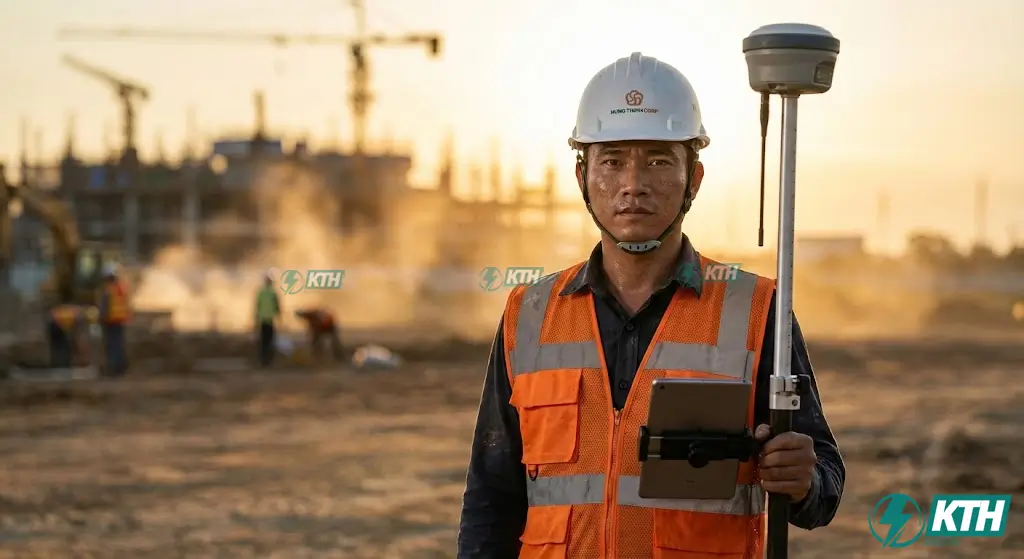 Kỹ sư trắc địa Việt Nam sử dụng máy toàn đạc điện tử đo vẽ bản đồ địa hình tỷ lệ 1/500 tại công trình xây dựng buổi sáng sớm.