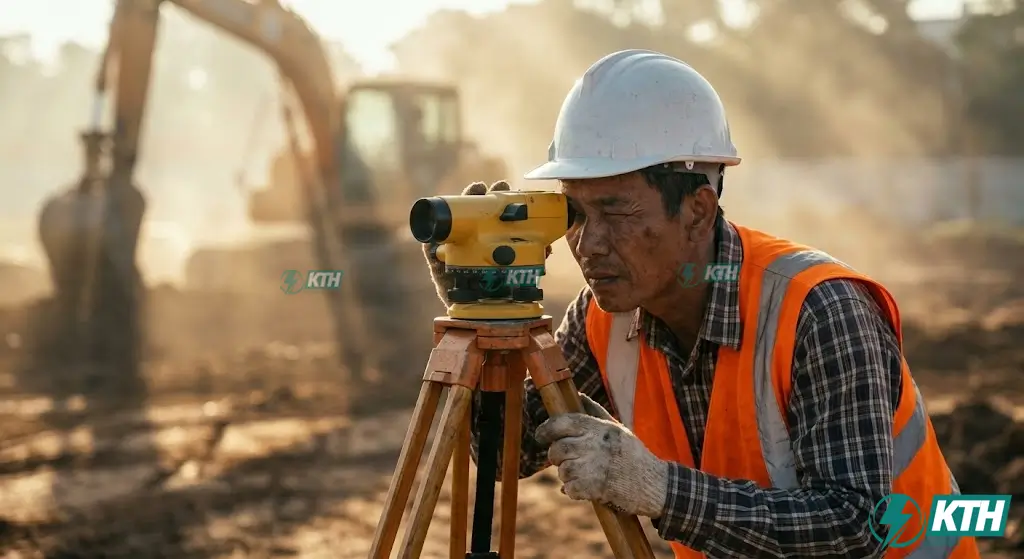 Dịch vụ San Lấp Mặt Bằng Trọn Gói TPHCM: Báo Giá Mới Nhất 2026 1 Kỹ sư xây dựng Việt Nam sử dụng máy thủy bình đo đạc cao độ san lấp mặt bằng tại dự án khu dân cư TP.HCM, đảm bảo độ chính xác nền móng.