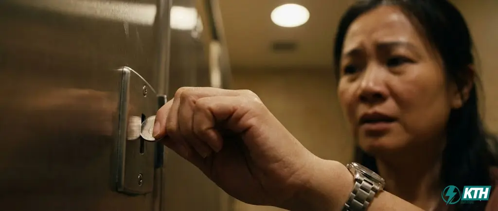 Giáo viên mầm non mở khóa chốt an toàn từ bên ngoài vách ngăn vệ sinh để hỗ trợ trẻ trong tình huống khẩn cấp.