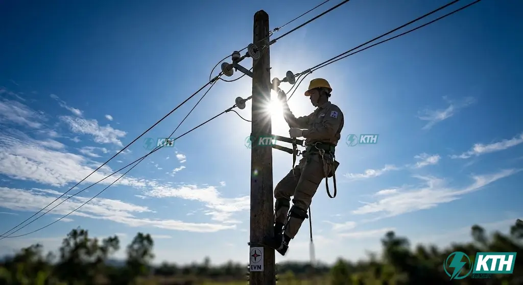 Kỹ thuật viên đang kiểm tra khoảng cách an toàn phóng điện và hành lang bảo vệ lưới điện trung thế theo tiêu chuẩn 11TCN-19-2006.