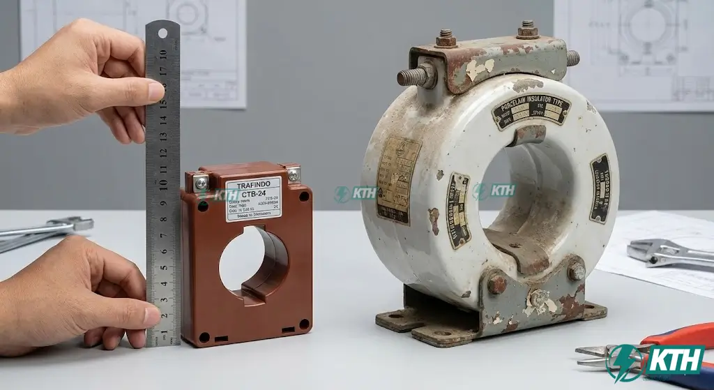 So sánh kích thước máy biến dòng Trafindo thiết kế nhỏ gọn với các loại CT trung thế kiểu cũ.