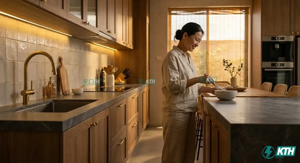 Mẫu tủ bếp hiện đại tại Việt Nam có chiều cao tủ bếp dưới 81cm chuẩn theo thước lỗ ban 42.9cm cung Tài, hợp phong thủy và nhân trắc học.