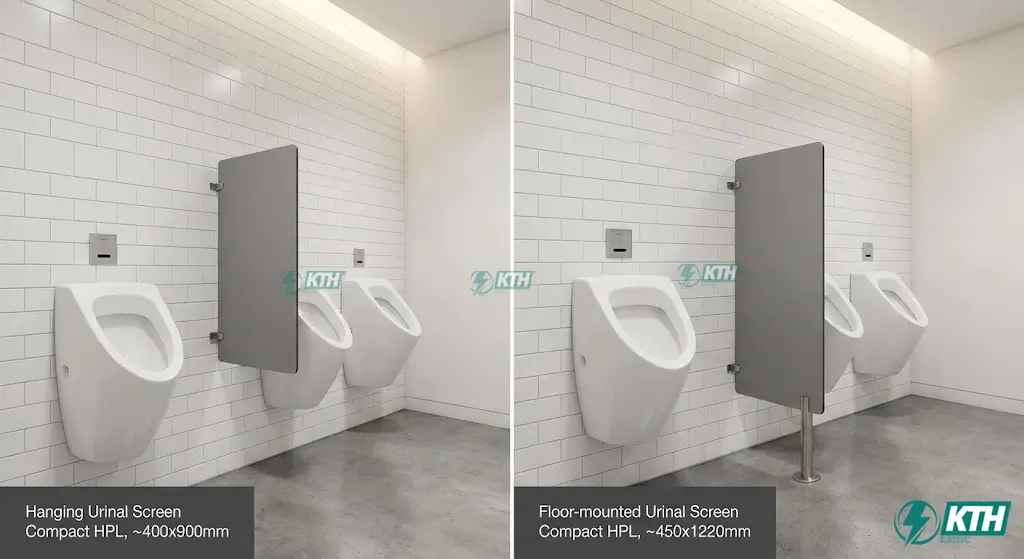 Kích thước vách ngăn tiểu nam treo tường và vách tiểu đứng có chân.