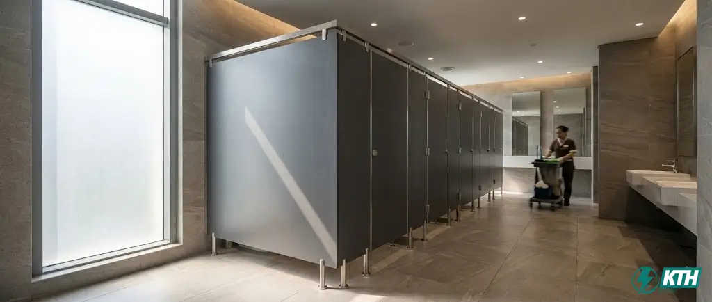 Kích thước vách ngăn vệ sinh tiêu chuẩn nhân trắc học với chiều cao 2000mm và chân đế inox cao 150mm giúp thông thoáng và dễ vệ sinh.