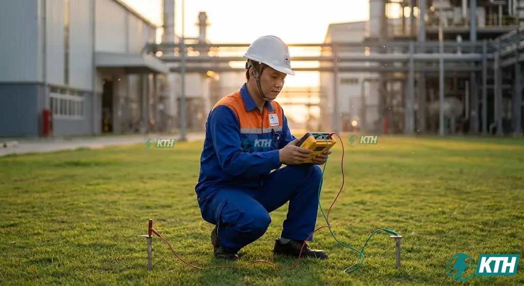 Kỹ sư KTH Electric đang thực hiện quy trình đo điện trở tiếp địa hệ thống chống sét chuẩn TCVN 9385:2012 tại nhà xưởng bằng máy Kyoritsu chuyên dụng.