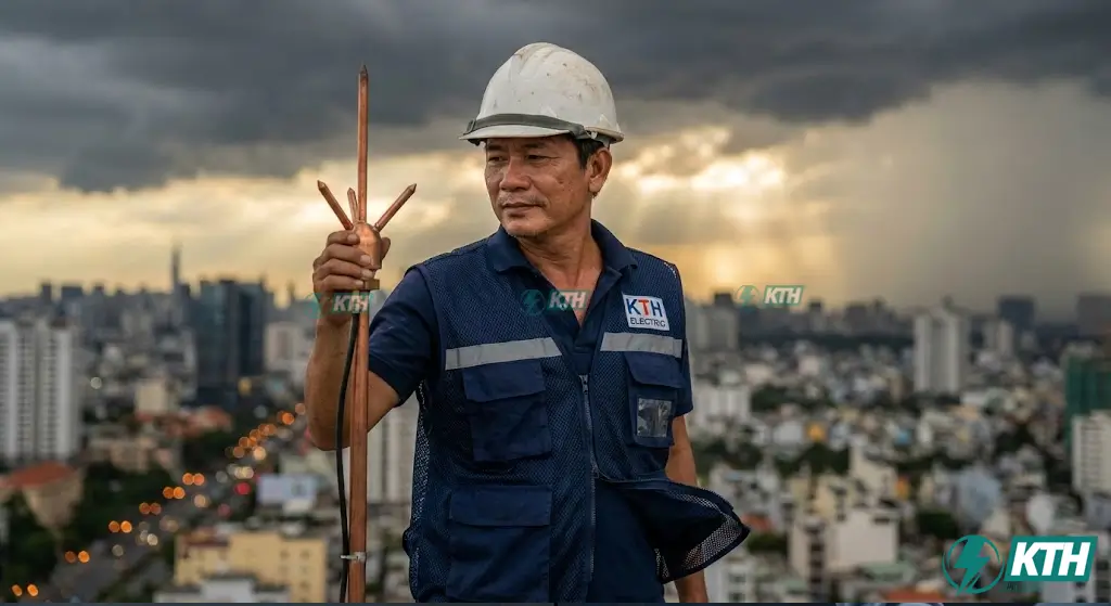 Kỹ sư KTH Electric kiểm tra kim thu sét trên mái nhà cao tầng tại TPHCM trước mùa mưa bão để đảm bảo an toàn PCCC.