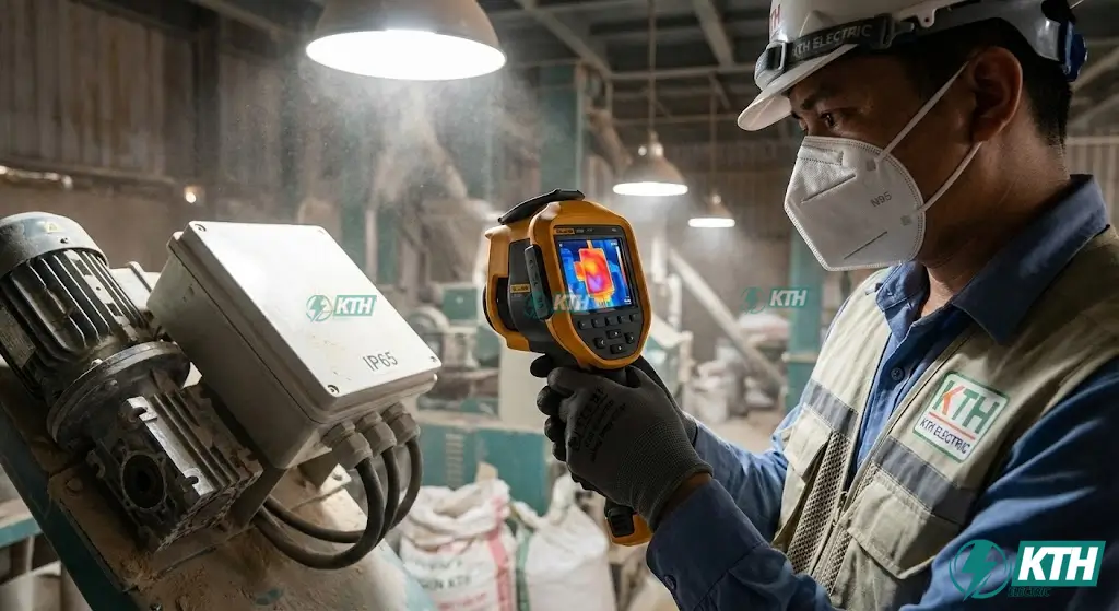 Kỹ sư KTH Electric sử dụng camera nhiệt kiểm tra an toàn cháy nổ các điểm đấu nối điện trong môi trường nhà máy nhiều bụi cám.