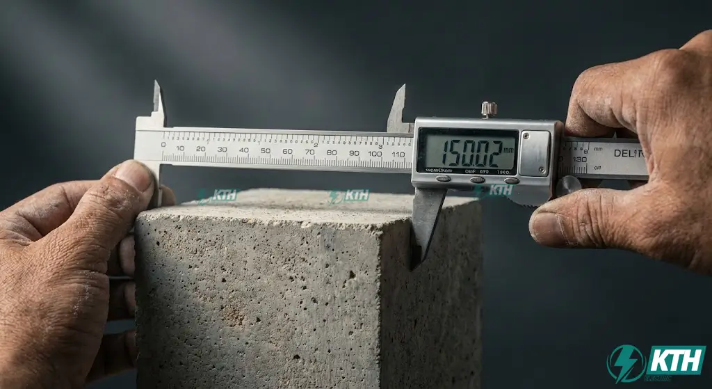 Thí nghiệm nén bê tông: Quy trình chuẩn TCVN & Cách xử lý rớt mác 3 Kiểm tra độ phẳng bề mặt mẫu bê tông lập phương bằng thước kẹp điện tử sai số dưới 0.1mm trước khi đưa vào máy nén thủy lực.