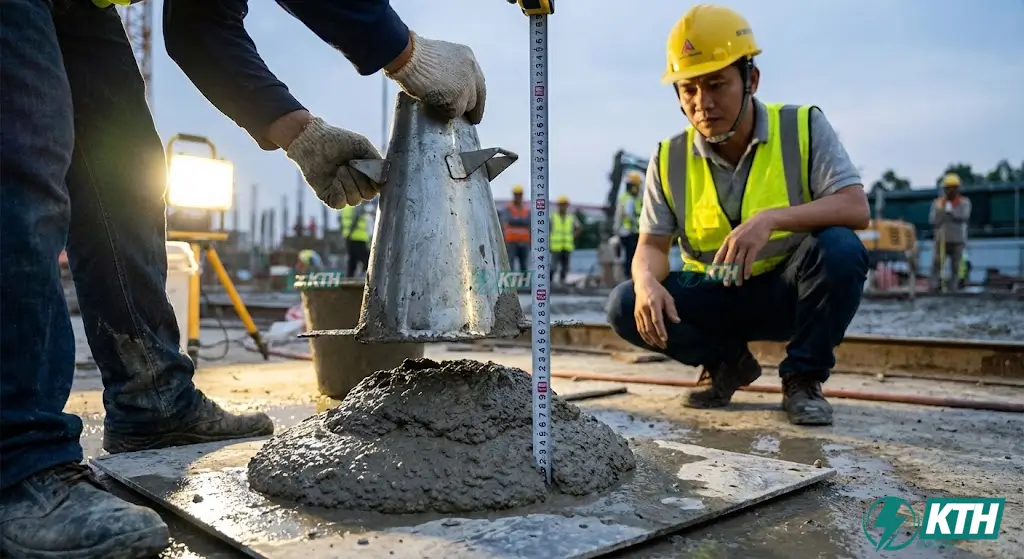 Quy trình kiểm tra độ sụt bê tông thương phẩm tại hiện trường trước khi đúc mẫu thí nghiệm nén.