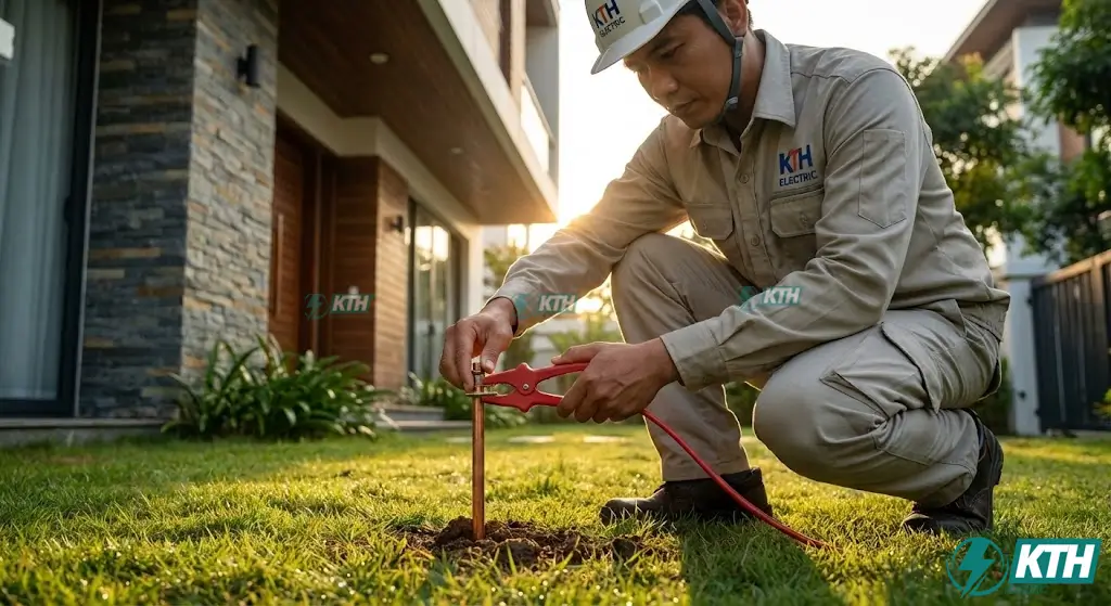 Kiểm tra hệ thống nối đất an toàn và đo điện trở cọc tiếp địa chống giật cho thiết bị gia dụng.