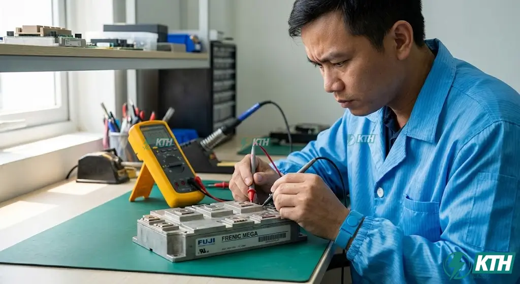 Cách kiểm tra lỗi quá dòng OC và chết công suất IGBT trên biến tần Fuji Frenic Mega bằng đồng hồ vạn năng.