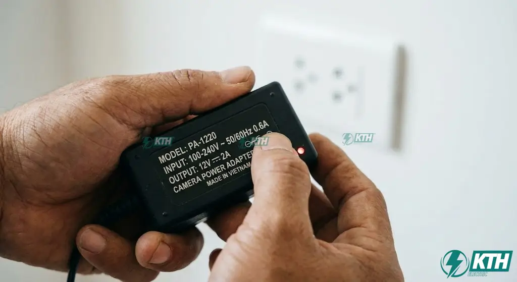 Cách Sửa Camera Không Lên Hình: 7 Mẹo "Cứu Sống" Từ Thợ Già (2026) 2 Kỹ thuật viên kiểm tra cục nguồn camera 12V (Adapter) xem đèn báo tín hiệu để xác định lỗi camera mất hình do mất điện.