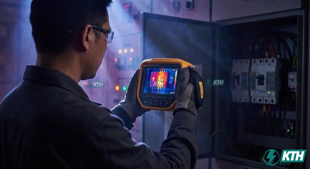 Báo Giá Thi Công Điện Công Nghiệp 2026: Trọn Gói & Chi Tiết Nhất 3 Kỹ sư kiểm tra nhiệt độ các điểm tiếp xúc trong tủ điện bằng camera nhiệt chuyên dụng để phát hiện sớm rủi ro quá nhiệt và chập cháy.
