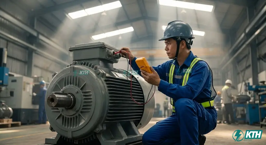 Kỹ thuật viên kiểm tra điện áp đầu cực động cơ 3 pha công nghiệp để phòng ngừa sụt áp.