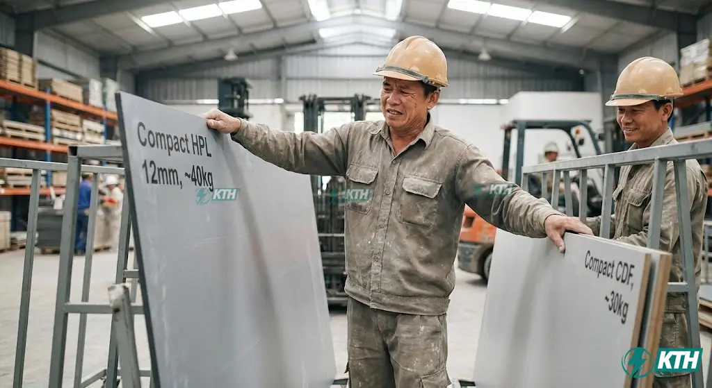 Kiểm tra trọng lượng tấm Compact HPL nặng 40.5kg và tấm CDF nhẹ hơn đáng kể.