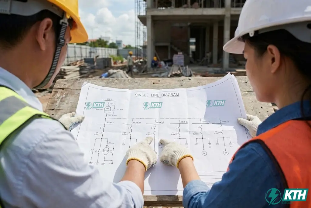 Kỹ sư kiểm tra tủ điện công nghiệp trung thế và đo thông số dòng điện bằng đồng hồ vạn năng.