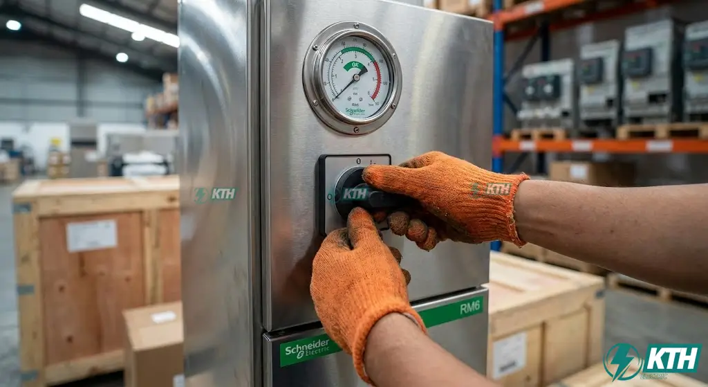 So Sánh Tủ RMU Schneider & ABB: Nên Chọn Hãng Nào? 2 Kỹ thuật viên kiểm tra đồng hồ áp suất khí SF6 trên tủ RMU Schneider RM6 chính hãng