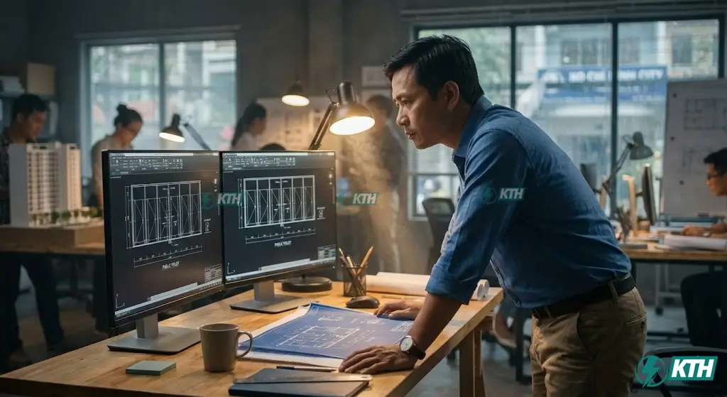 Kiến trúc sư Việt Nam đang thiết kế mẫu bản vẽ Autocad vách ngăn vệ sinh Compact HPL trên máy tính cho dự án trường học và nhà máy.