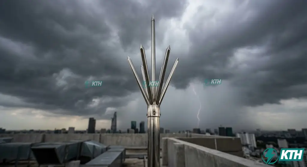 Kim thu sét tia tiên đạo (ESE) lắp đặt trên mái nhà giúp bảo vệ công trình khỏi sét đánh trực tiếp trong mùa mưa bão.