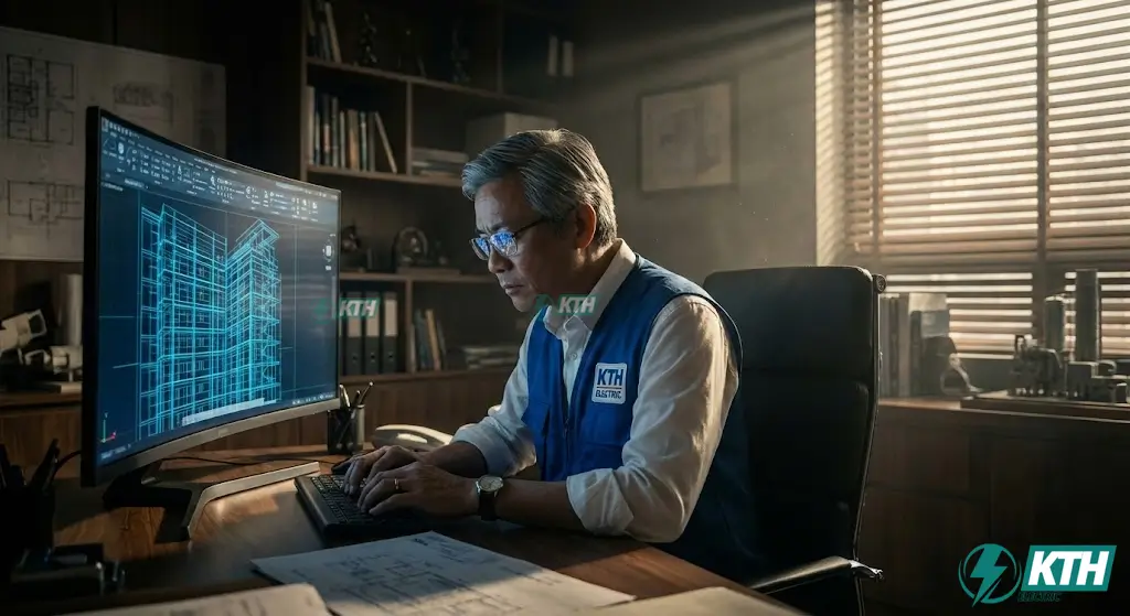 Kỹ sư điện KTH Electric 20 năm kinh nghiệm đang thiết kế bản vẽ shop drawing trên phần mềm AutoCAD 2026 với cấu hình máy tính đồ họa chuyên dụng.