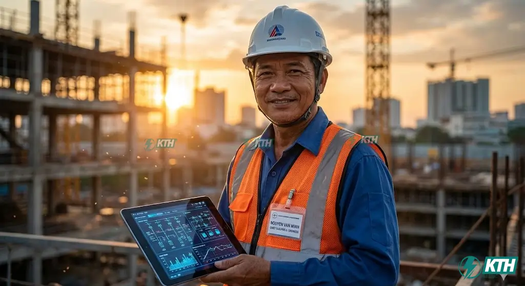 Kỹ sư điện KTH Electric sử dụng công cụ tính toán sụt áp online trên máy tính bảng tại công trình xây dựng.