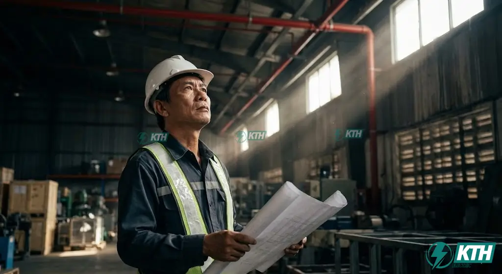 Kỹ sư kiểm tra hệ thống PCCC theo quy chuẩn QCVN 03:2023/BCA mới nhất tại nhà xưởng công nghiệp.