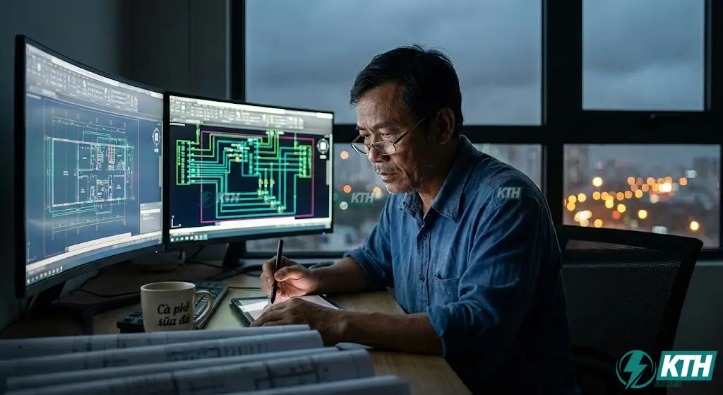 Chuyên gia kỹ sư điện M&E Việt Nam đang thiết kế bản vẽ sơ đồ nguyên lý hệ thống điện bằng AutoCAD trên máy tính.