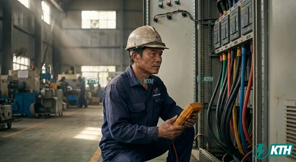Bảng Tra Tiết Diện Dây Dẫn Điện 3 Pha Chuẩn TCVN & IEC (2026) 1 Kỹ sư điện kinh nghiệm Việt Nam đang kiểm tra thực tế tủ điện 3 pha công nghiệp, minh họa tầm quan trọng của việc chọn đúng tiết diện dây dẫn để đảm bảo an toàn hệ thống.