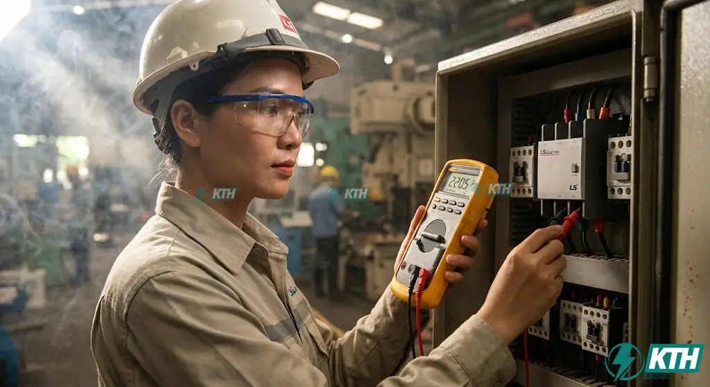 Kỹ sư KTH Electric đo kiểm tra khả năng chịu tải và độ bền cơ khí của khởi động từ LS Electric.