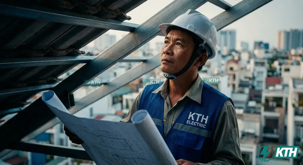 Kỹ sư KTH Electric đang khảo sát kết cấu xà gồ và độ chịu lực của mái nhà trước khi lắp đặt điện năng lượng mặt trời để đảm bảo an toàn tuyệt đối.