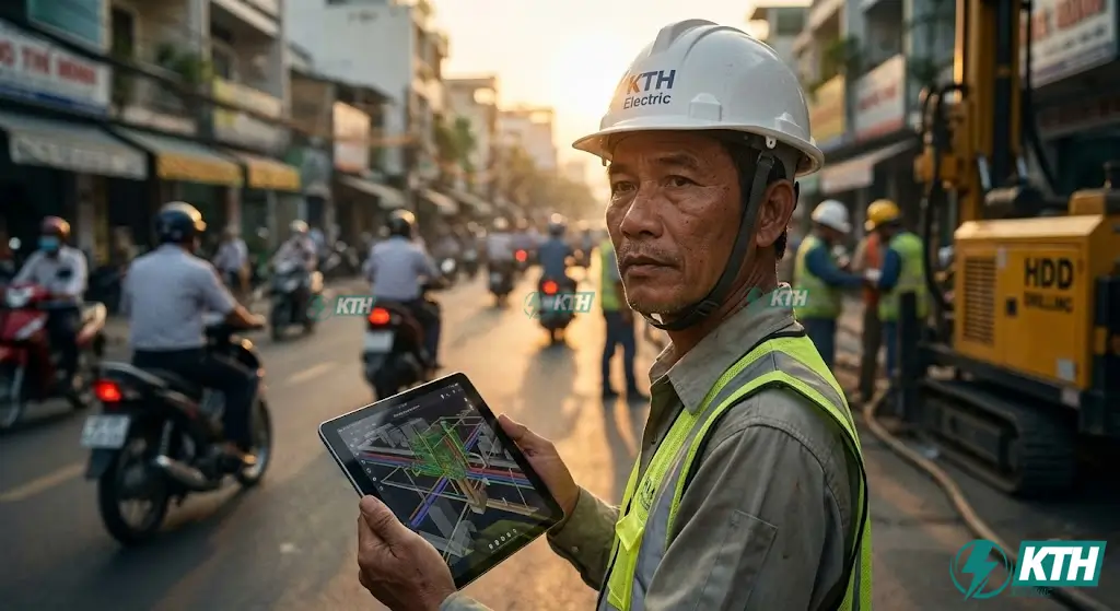 Kỹ sư trưởng KTH Electric đang khảo sát địa chất và lên phương án thi công khoan ngầm robot HDD tại TP.HCM để đảm bảo an toàn tuyệt đối.