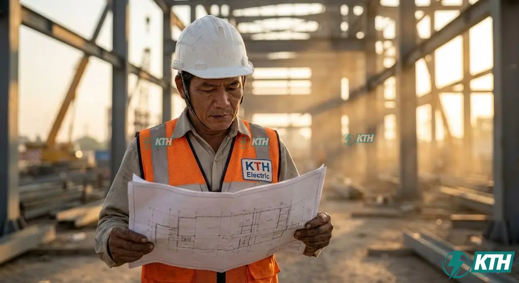 Kỹ sư trưởng KTH Electric đang kiểm tra bản vẽ nhà xưởng công nghiệp file cad full tại công trình thực tế, đảm bảo tiêu chuẩn thiết kế nhà xưởng mới nhất 2026.
