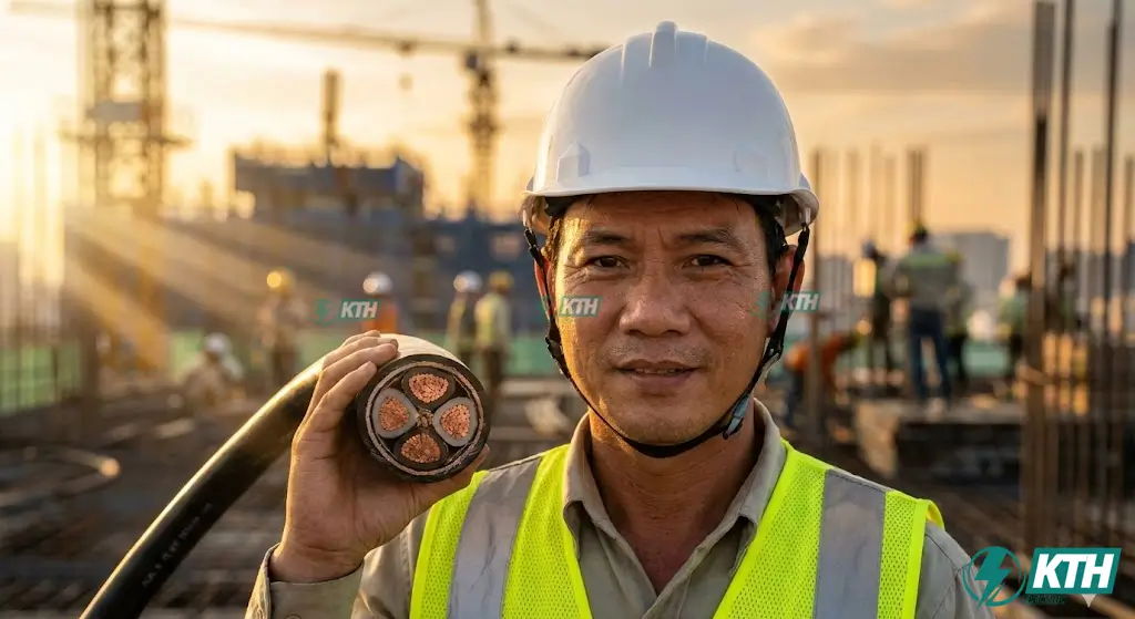 Kỹ sư trưởng KTH Electric đang kiểm tra mẫu cáp điện XLPE chính hãng tại công trình xây dựng tòa nhà cao tầng.