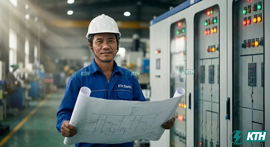Kỹ sư KTH Electric đang kiểm tra sơ đồ đơn tuyến tủ điện nhà xưởng MSB chuẩn IEC 61439 trước khi bàn giao.