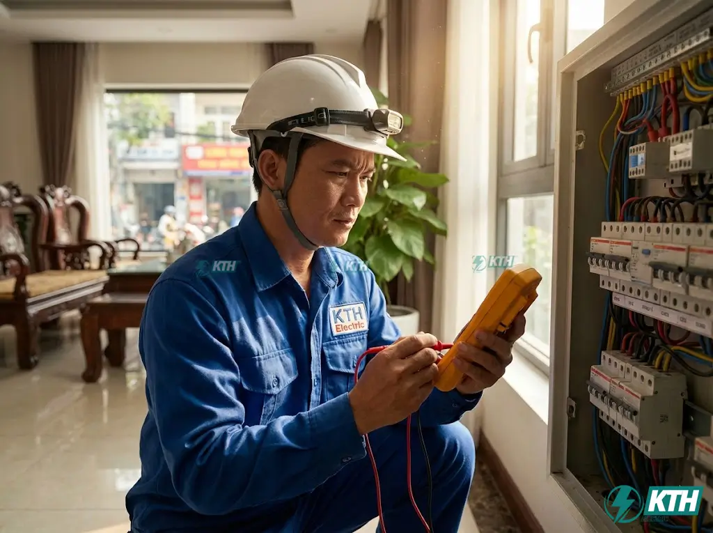 Kỹ sư điện KTH Electric đang kiểm tra tiết diện dây dẫn điện và đo dòng điện định mức tại tủ điện gia đình để đảm bảo an toàn, tránh quá tải đường dây.